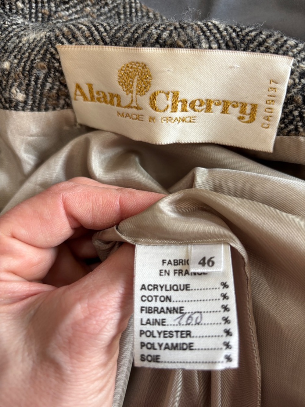 Alan Cherry Herringbone Tweed Blazer Suede Trim Wool Jacket Size 46 - Picture 14 of 15